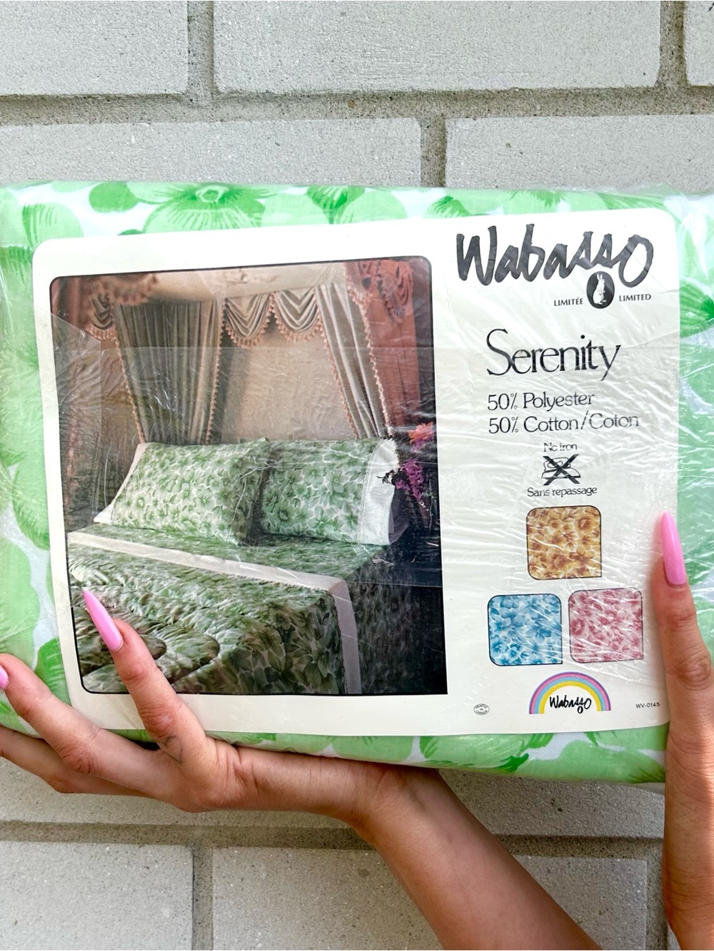Vintage Wabasso Queen Sheet Set Cotton Poly Green & White Floral - Picture 2 of 5